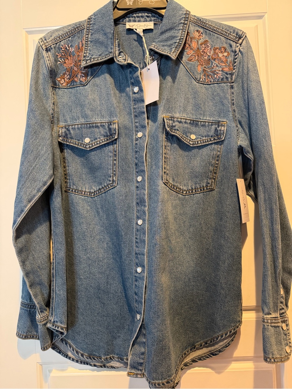 Denim Western Shirt Jacket with Floral Embroidery - Blue-Small